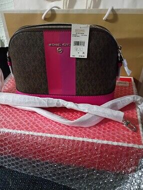 Michael Kors Brown Signature Crossbody with Hot Pink Stripe Little Gem...